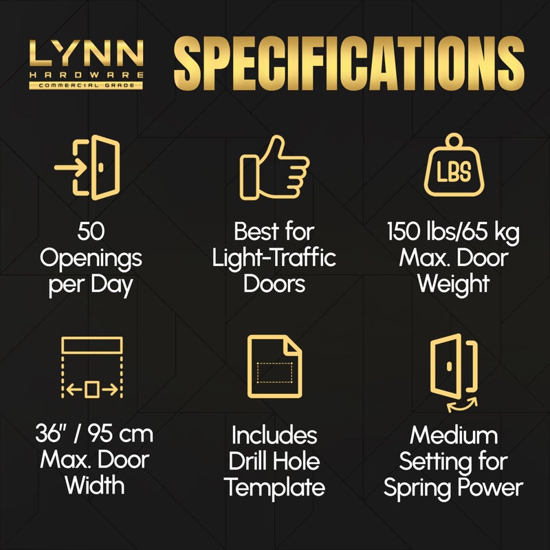 LYNN HARDWARE Light Duty Automatic Door Closer (Brass/Gold) - Highly Durable Cast Aluminum, Commercial or Home Use, Adjustable Speed Controls, 3 Mounting Options, 3 Hour Fire Rated (DC5003 Model) - Image 3